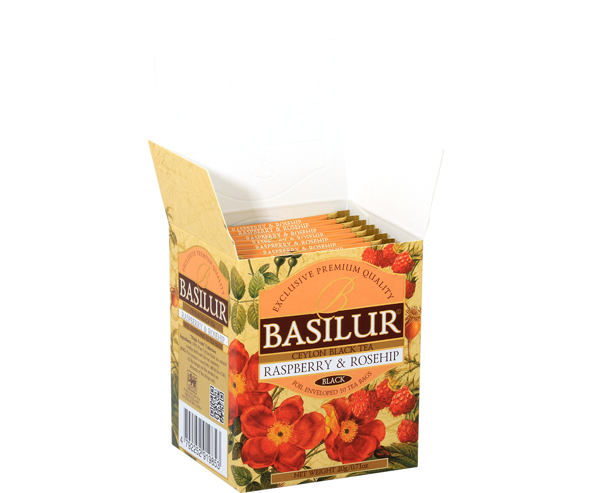 Otwarta paczka herbaty Basilur Raspberry & Rosehip z widocznymi saszetkami w środku.
