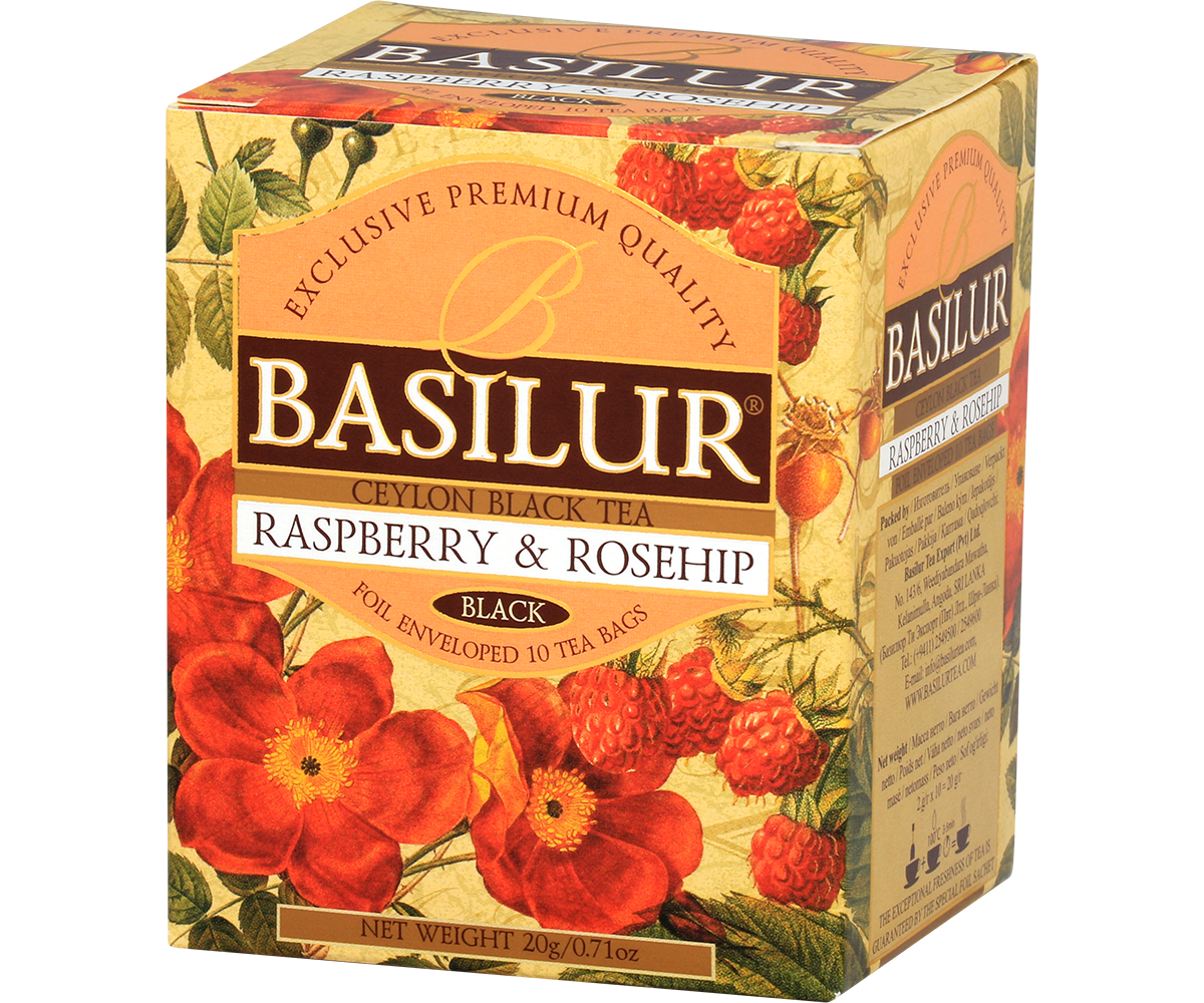Perspektywiczne ujęcie pudełka herbaty Basilur Raspberry & Rosehip z malinową grafiką.