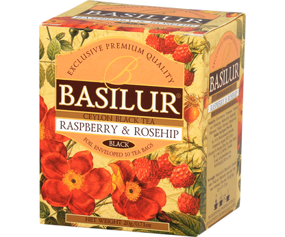 Perspektywiczne ujęcie pudełka herbaty Basilur Raspberry & Rosehip z malinową grafiką.