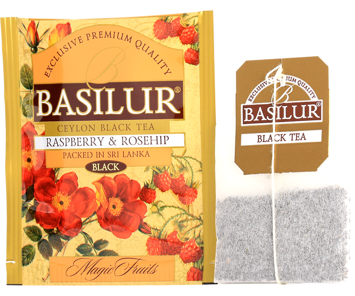 Saszetka herbaty Basilur Raspberry & Rosehip z torebką herbacianą i etykietą.
