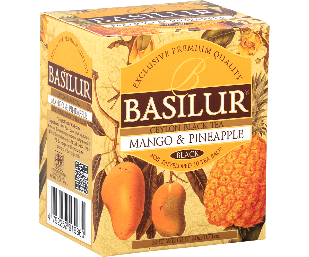 Boczny widok pudełka Basilur Mango & Pineapple z informacjami o składzie.