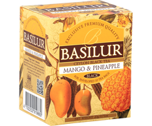 Boczny widok pudełka Basilur Mango & Pineapple z informacjami o składzie.