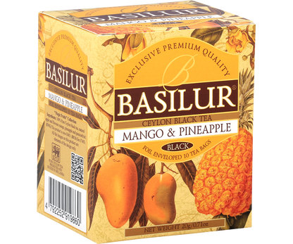 Boczny widok pudełka Basilur Mango & Pineapple z informacjami o składzie.