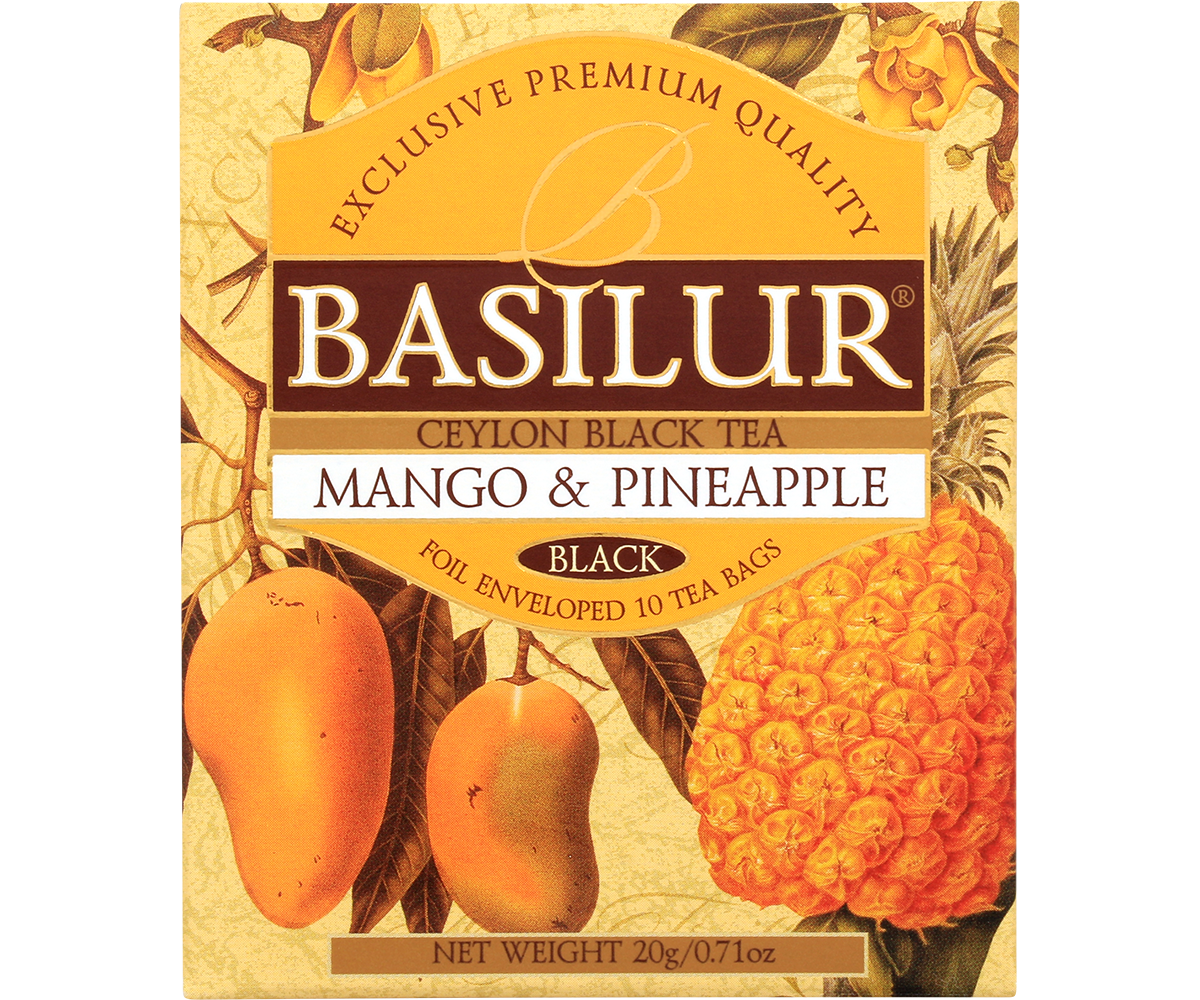 Opakowanie herbaty czarnej Basilur Mango & Pineapple z tropikalnym motywem.