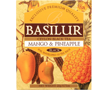 Opakowanie herbaty czarnej Basilur Mango & Pineapple z tropikalnym motywem.