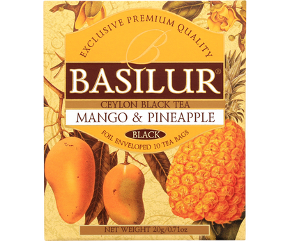 Opakowanie herbaty czarnej Basilur Mango & Pineapple z tropikalnym motywem.