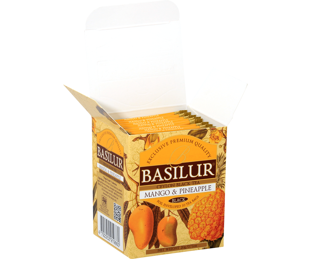 Otwarta paczka herbaty Basilur Mango & Pineapple z widocznymi saszetkami w środku.