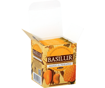 Otwarta paczka herbaty Basilur Mango & Pineapple z widocznymi saszetkami w środku.