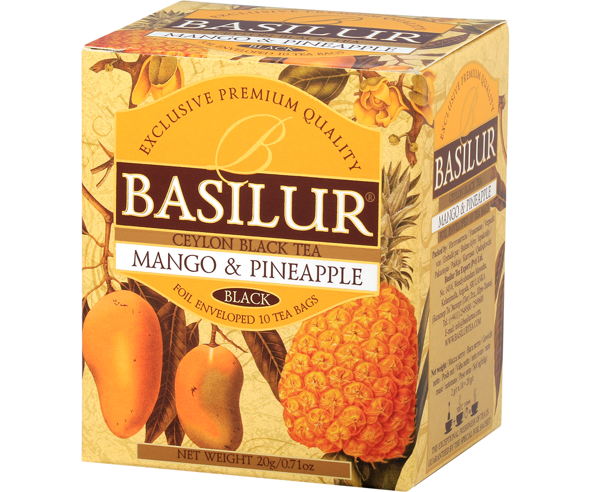 Pudełko herbaty Basilur Mango & Pineapple z grafiką mango i ananasa.