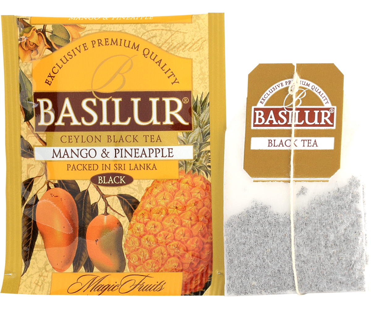 Saszetka herbaty Basilur Mango & Pineapple z torebką herbacianą i etykietą.