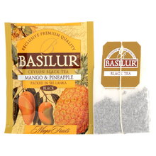Saszetka herbaty Basilur Mango & Pineapple z torebką herbacianą i etykietą.