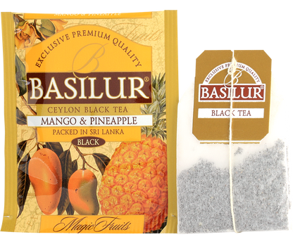 Saszetka herbaty Basilur Mango & Pineapple z torebką herbacianą i etykietą.