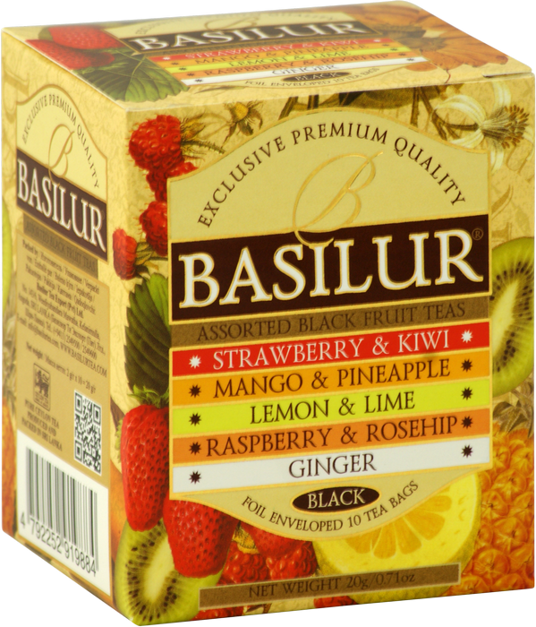 Opakowanie herbaty Basilur Black Fruit Teas z różnymi owocowymi wariantami smakowymi.