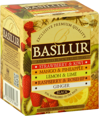Opakowanie herbaty Basilur Black Fruit Teas z różnymi owocowymi wariantami smakowymi.