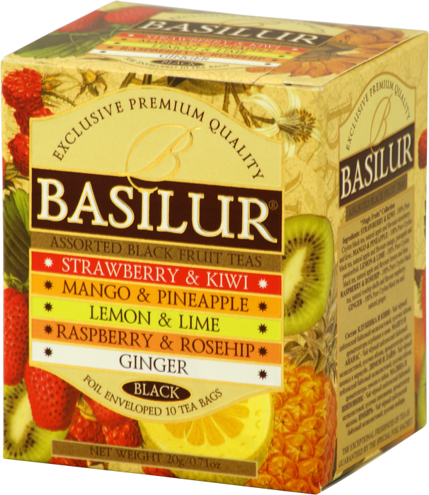 Zestaw herbat czarnych Basilur Black Fruit Teas z owocowymi smakami w pudełku.