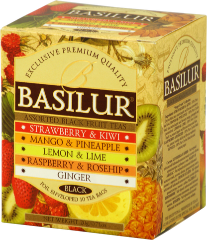 Zestaw herbat czarnych Basilur Black Fruit Teas z owocowymi smakami w pudełku.