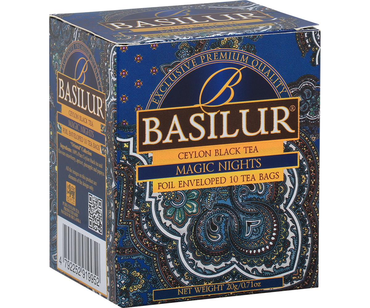 Boczny widok pudełka Basilur Magic Nights z informacjami o produkcie.