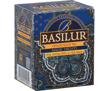 Boczny widok pudełka Basilur Magic Nights z informacjami o produkcie.