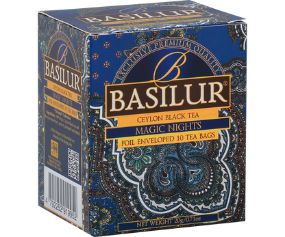 Boczny widok pudełka Basilur Magic Nights z informacjami o produkcie.