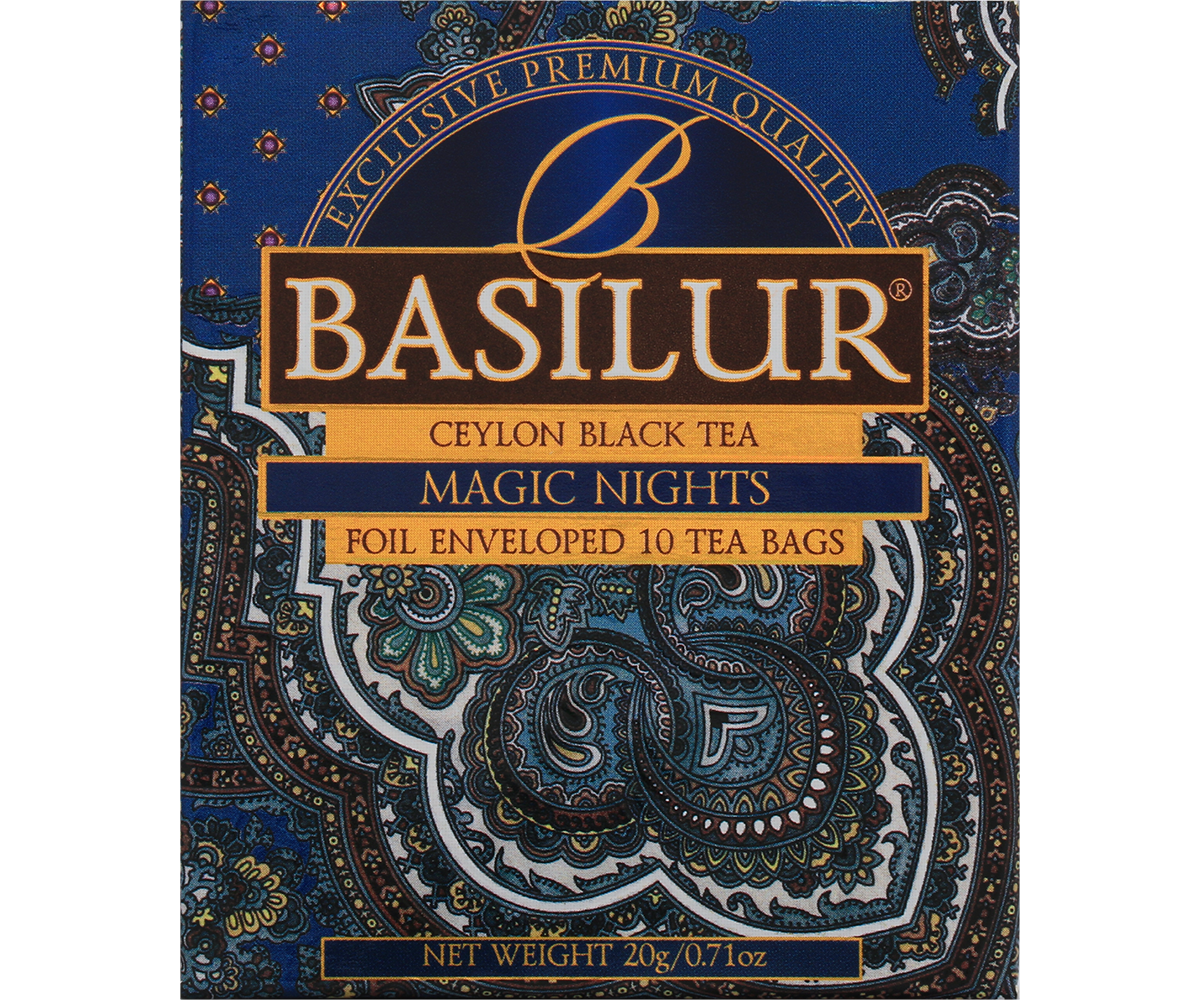 Opakowanie herbaty Basilur Magic Nights z orientalnym wzorem w kolorze granatowym.