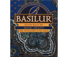 Opakowanie herbaty Basilur Magic Nights z orientalnym wzorem w kolorze granatowym.