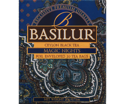 Opakowanie herbaty Basilur Magic Nights z orientalnym wzorem w kolorze granatowym.