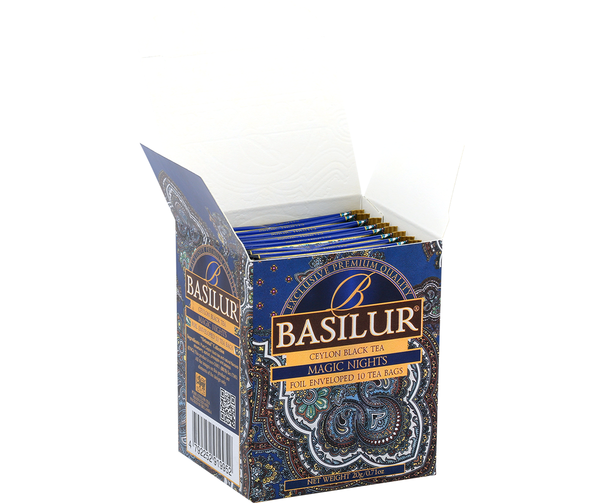 Otwarta paczka herbaty Basilur Magic Nights z widocznymi saszetkami w środku.