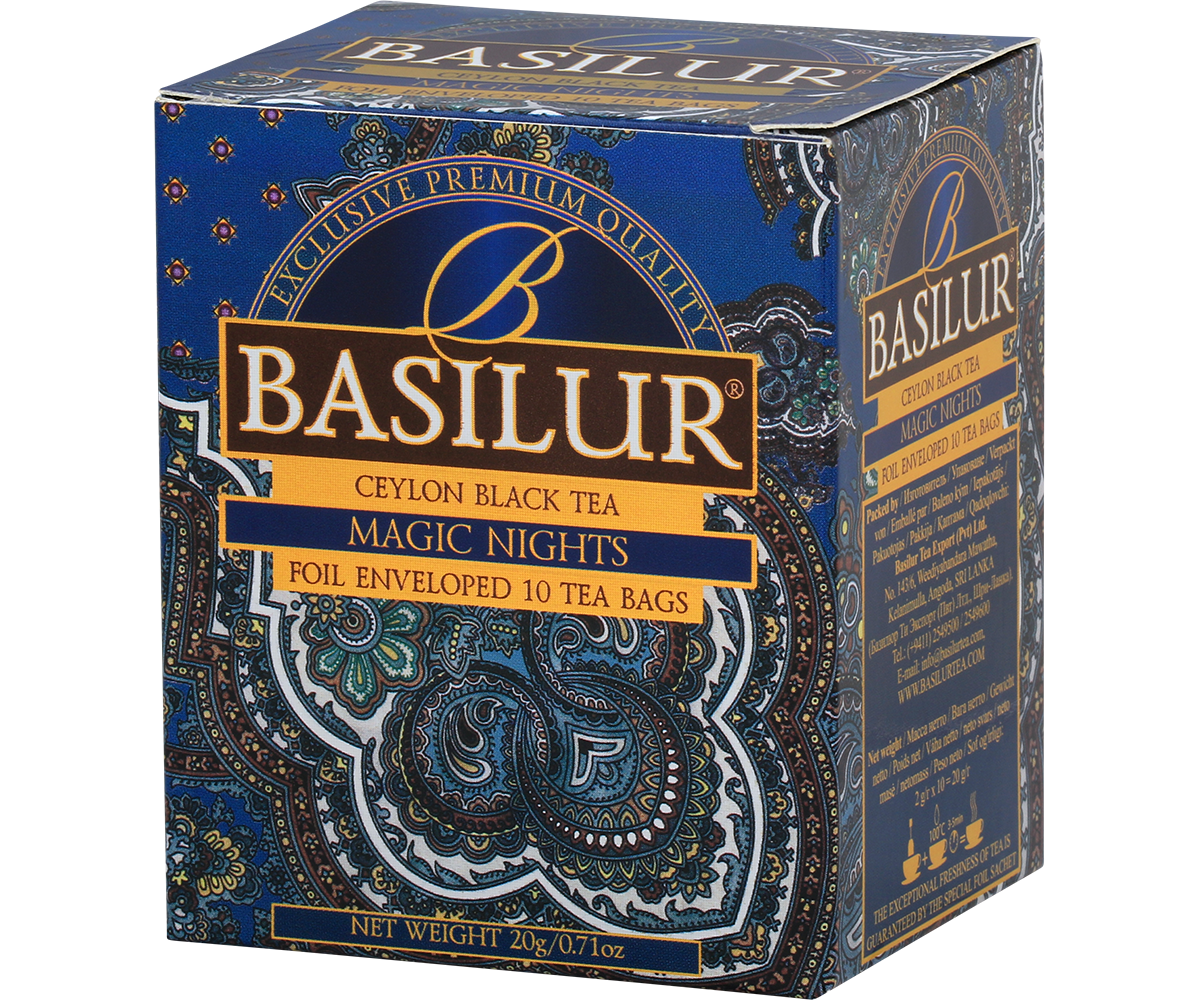 Perspektywiczne ujęcie pudełka Basilur Magic Nights z bogatym ornamentem.