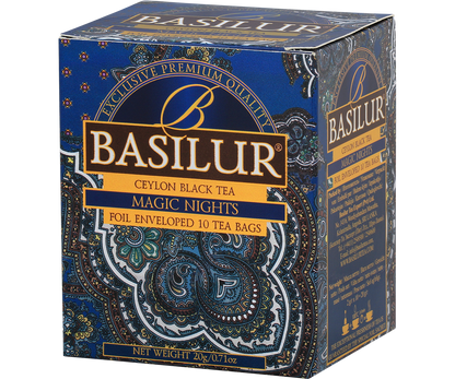 Perspektywiczne ujęcie pudełka Basilur Magic Nights z bogatym ornamentem.