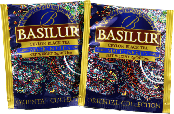 Saszetki herbaty Basilur Magic Nights z orientalnym motywem i logo Basilur.