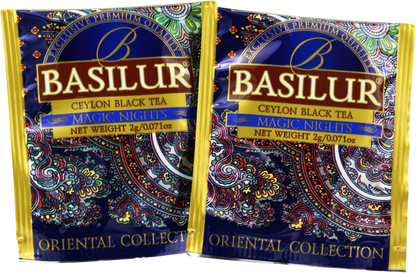 Saszetki herbaty Basilur Magic Nights z orientalnym motywem i logo Basilur.