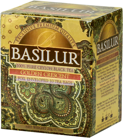 Pudełko herbaty Basilur Golden Crescent z orientalnym złoto-zielonym wzorem.