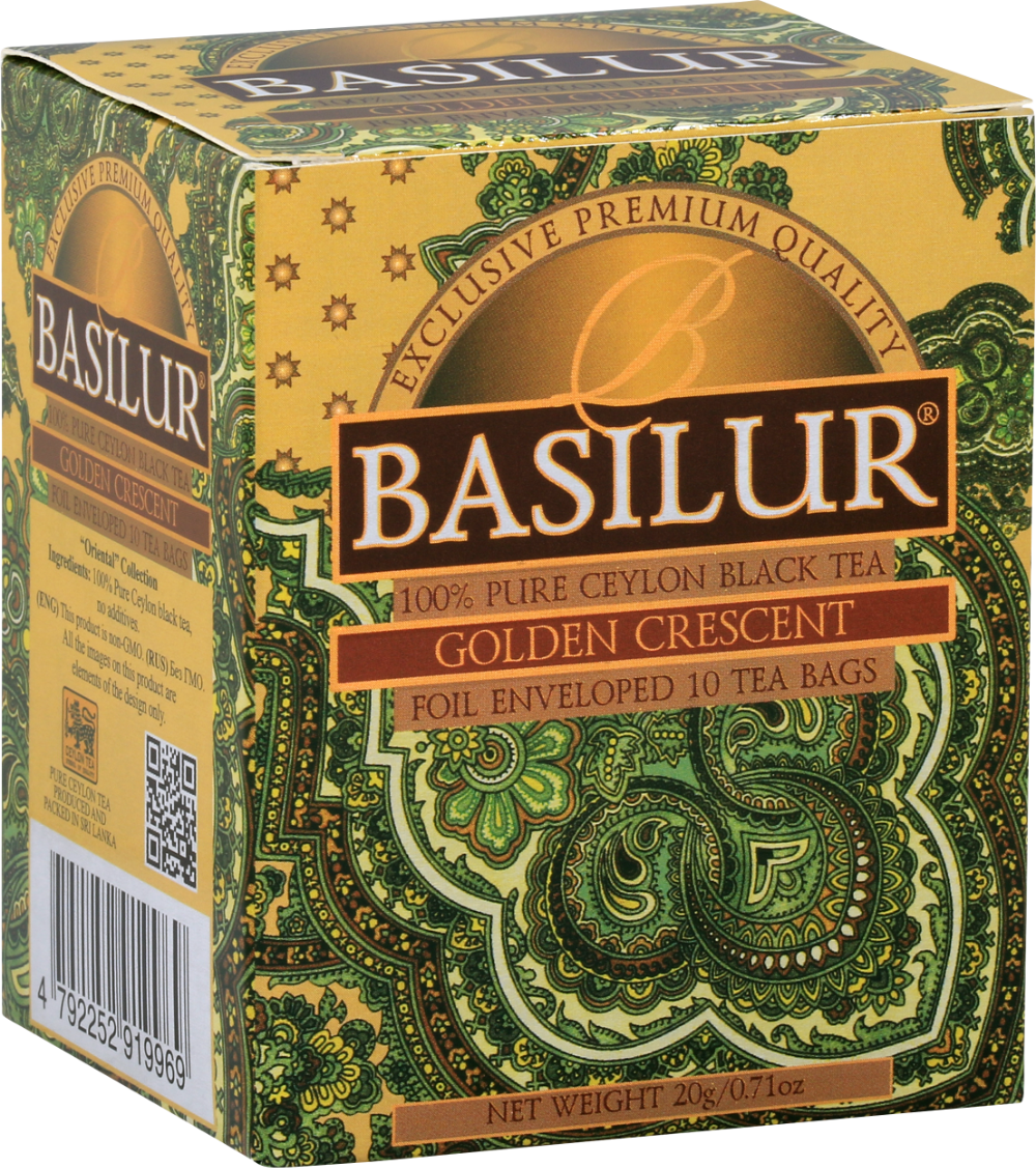 Perspektywiczne ujęcie pudełka Basilur Golden Crescent z bogatą ornamentyką.