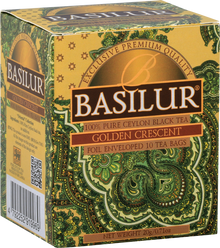 Perspektywiczne ujęcie pudełka Basilur Golden Crescent z bogatą ornamentyką.