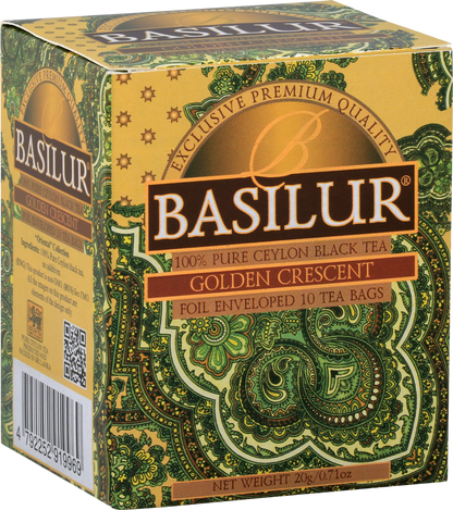 Perspektywiczne ujęcie pudełka Basilur Golden Crescent z bogatą ornamentyką.