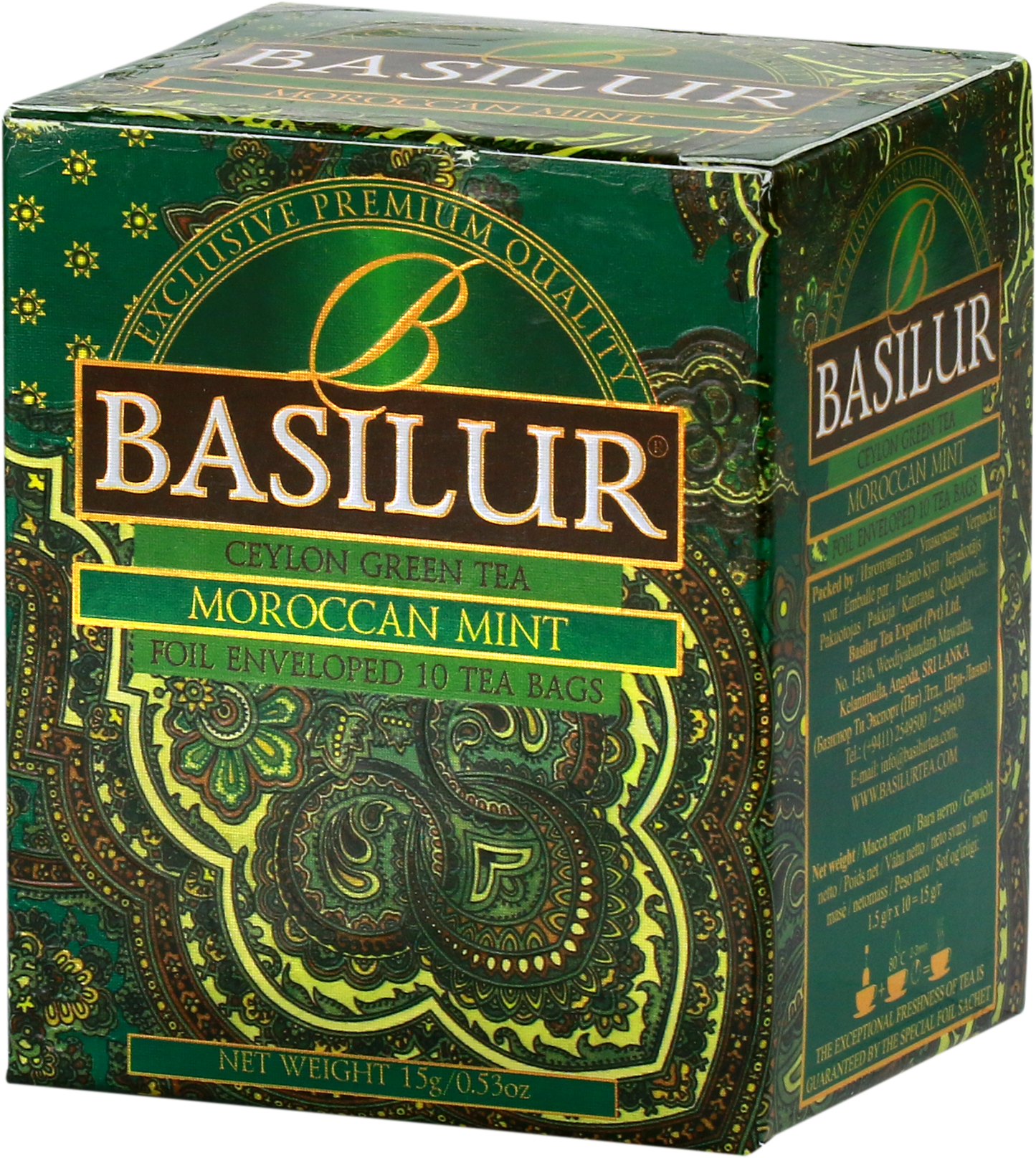 Bok opakowania Basilur Moroccan Mint z opisem produktu.