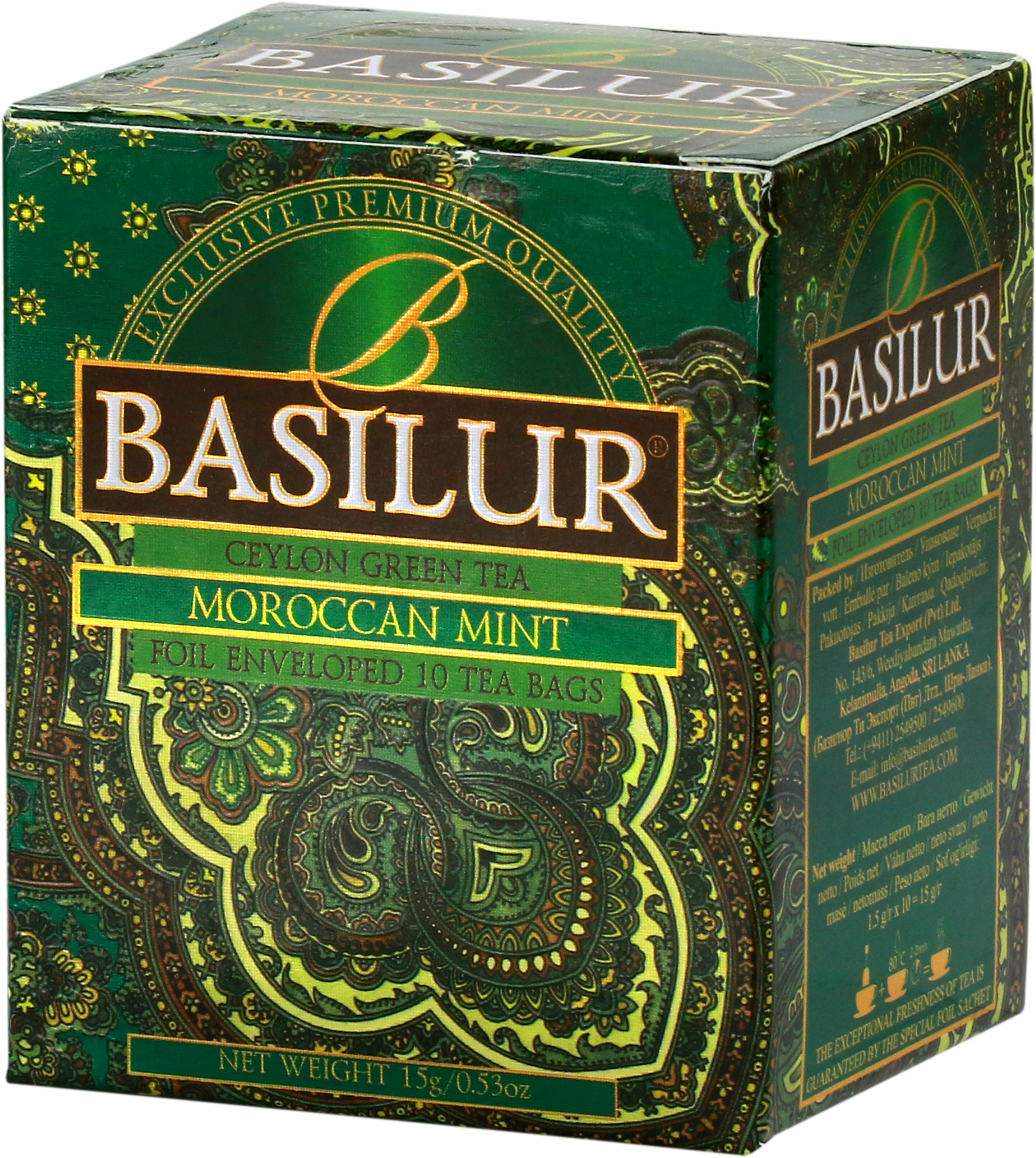 Bok opakowania Basilur Moroccan Mint z opisem produktu.