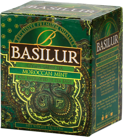 Bok opakowania Basilur Moroccan Mint z opisem produktu.