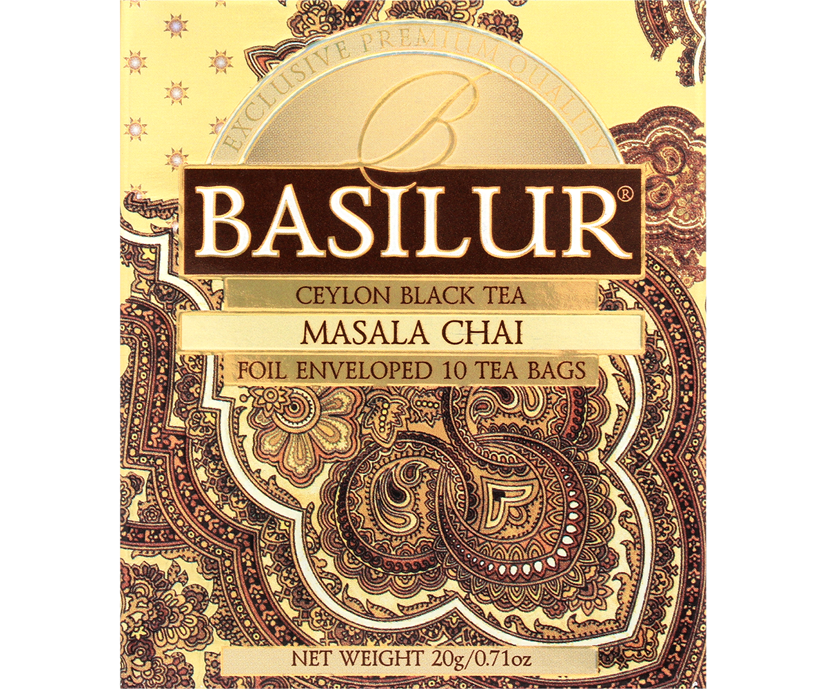 Opakowanie herbaty czarnej Basilur Masala Chai z eleganckim zdobieniem.