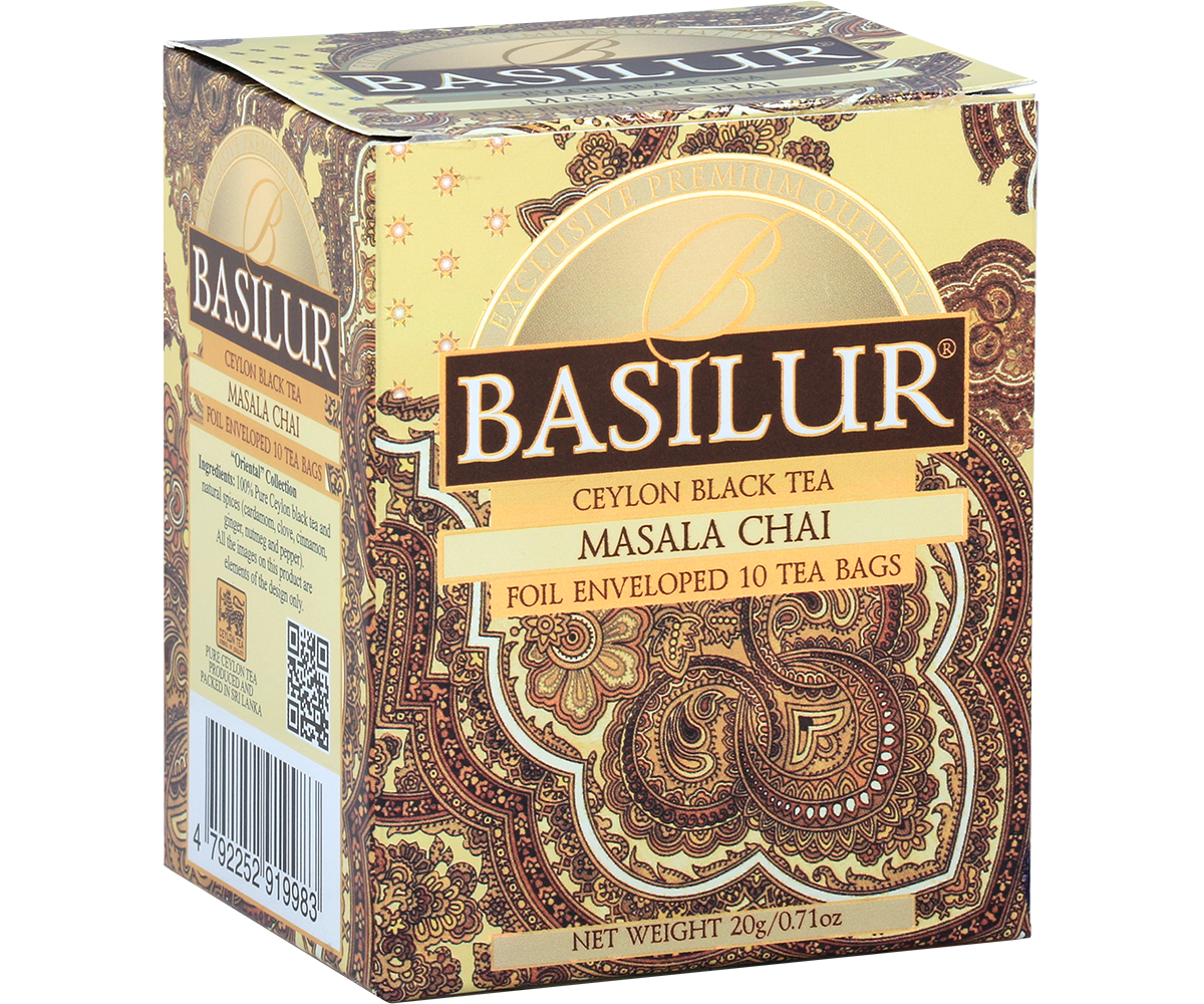 Opakowanie herbaty czarnej Basilur Masala Chai z eleganckim zdobieniem.