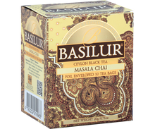 Opakowanie herbaty czarnej Basilur Masala Chai z eleganckim zdobieniem.