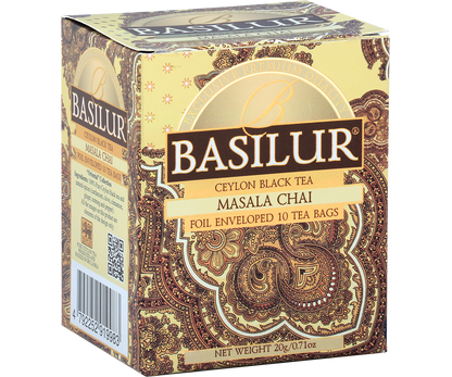 Opakowanie herbaty czarnej Basilur Masala Chai z eleganckim zdobieniem.