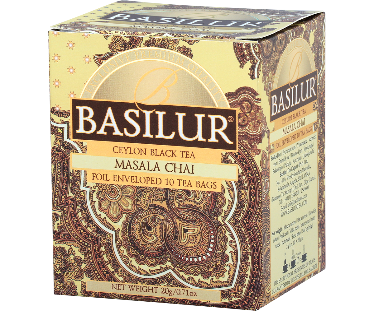 Pudełko herbaty Basilur Masala Chai z orientalnym złoto-brązowym wzorem.