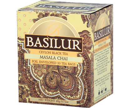 Pudełko herbaty Basilur Masala Chai z orientalnym złoto-brązowym wzorem.