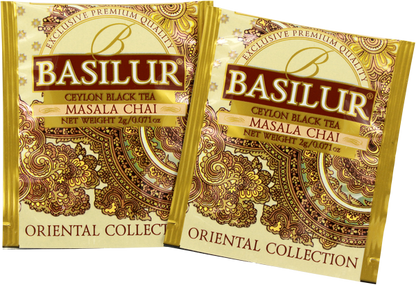 Saszetki herbaty Basilur Masala Chai z orientalnym motywem w kolorach złota i brązu.