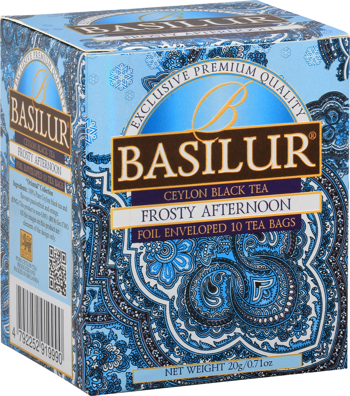 Pudełko herbaty Basilur Frosty Afternoon w błękitnych odcieniach z orientalnym motywem.