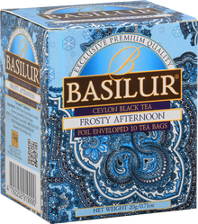 Pudełko herbaty Basilur Frosty Afternoon w błękitnych odcieniach z orientalnym motywem.