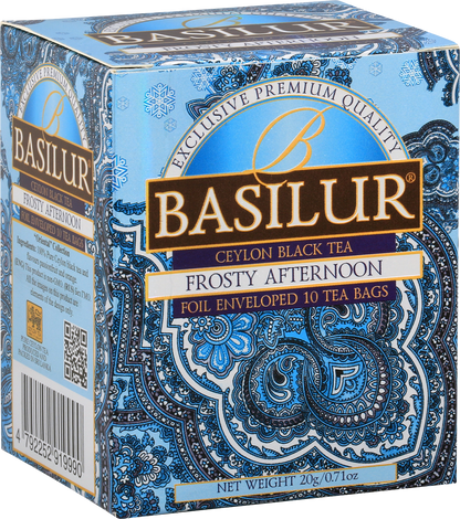 Pudełko herbaty Basilur Frosty Afternoon w błękitnych odcieniach z orientalnym motywem.