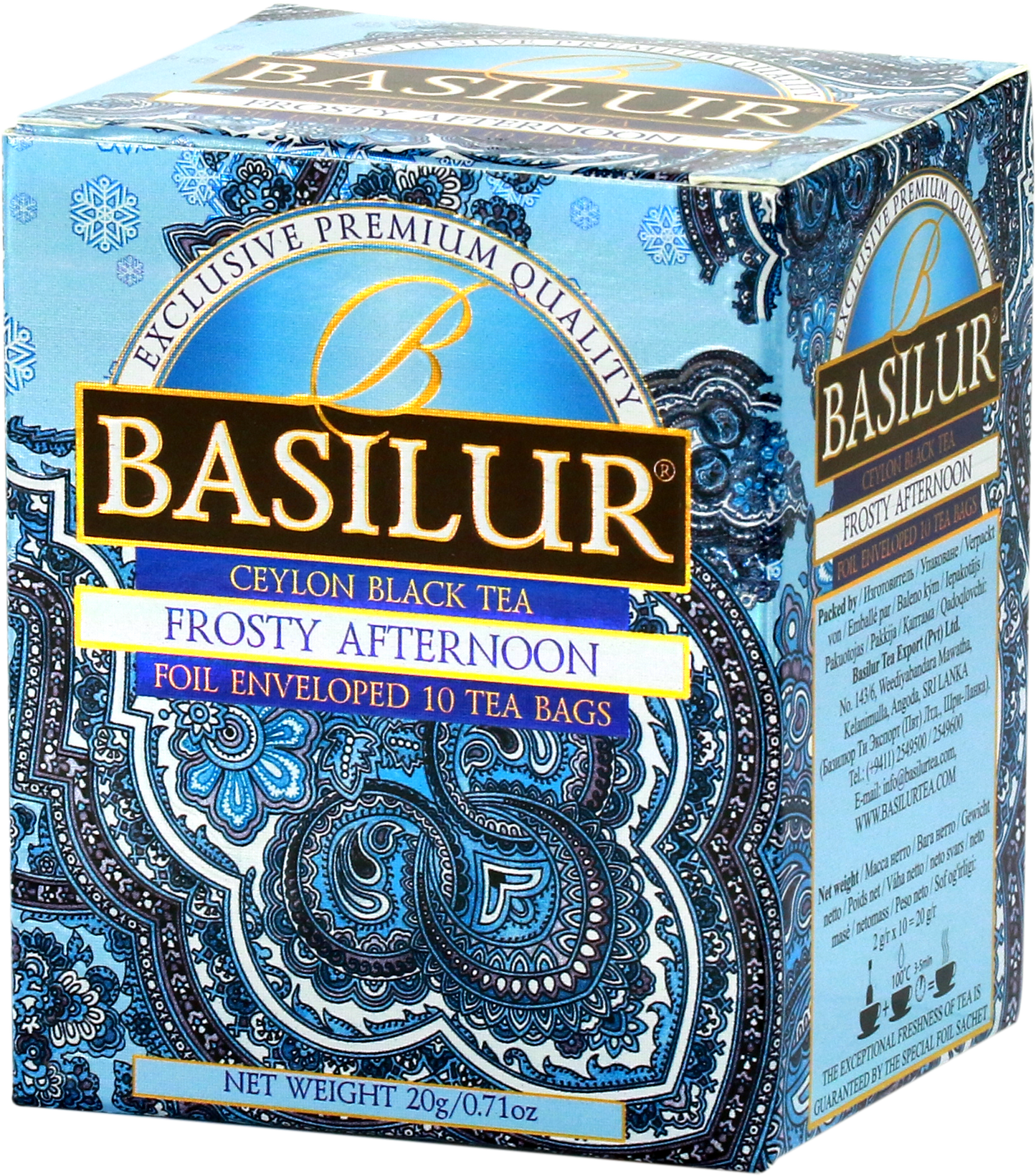 Perspektywiczne ujęcie opakowania Basilur Frosty Afternoon z detalicznym wzorem.