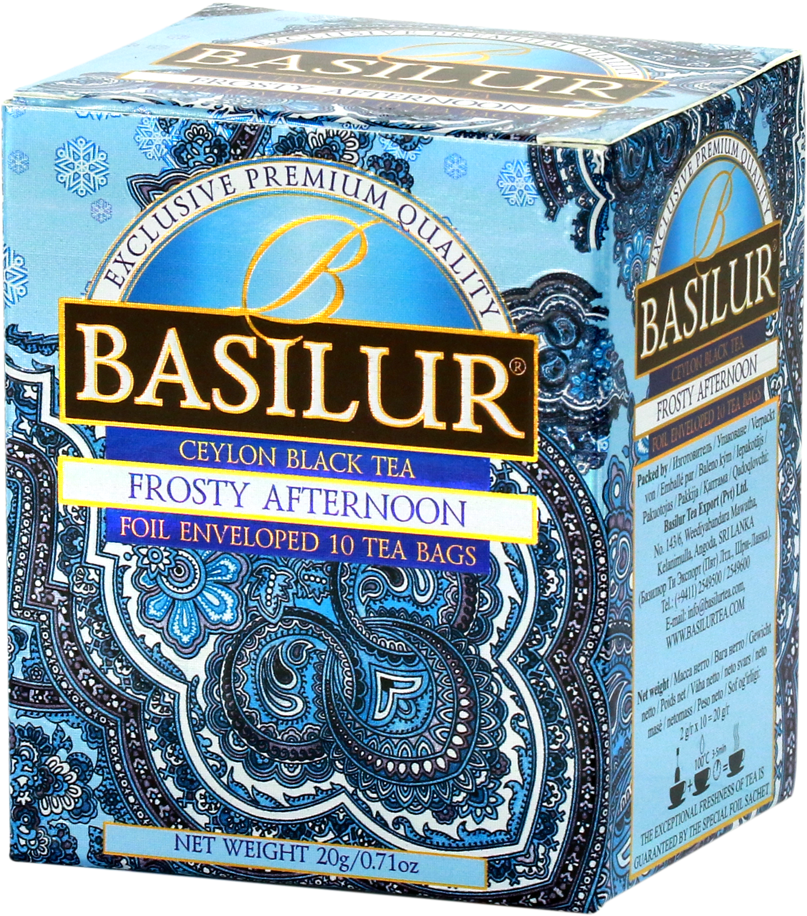 Perspektywiczne ujęcie opakowania Basilur Frosty Afternoon z detalicznym wzorem.